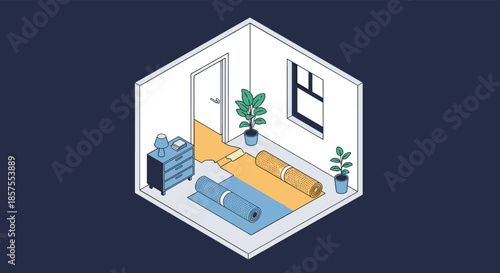 Isometric illustration of a room interior during a renovation or move, with rolled-up carpets, a nightstand, and house plants.