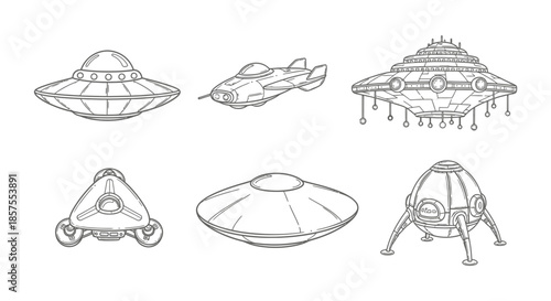 Collection of various line art alien spaceships and flying saucers