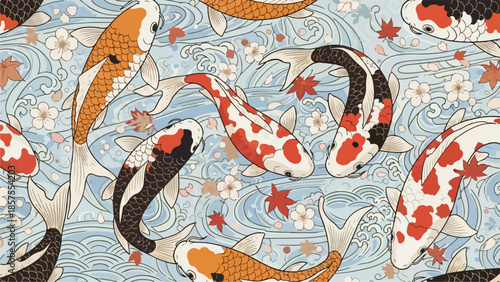 Serene Koi Fish Swimming in Vibrant Water with Floral Patterns