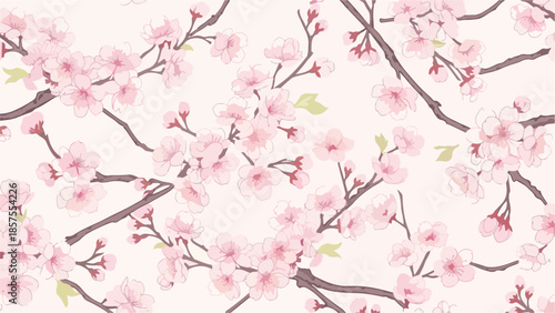 Cherry blossoms in full bloom on delicate branches against a soft pink background with gentle leaves