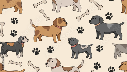 Illustration of various dog breeds standing amidst bones and paw prints on a beige background