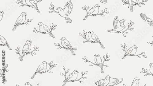 Birds perched on branches in a serene illustration pattern