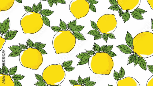 A vibrant pattern of lemons and leaves on a white background