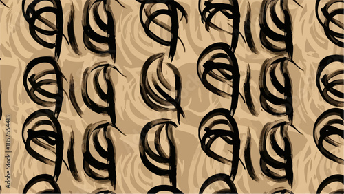 Abstract black swirls pattern on a beige background with a repeating design and textured effect