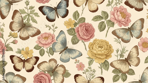 A serene illustration of butterflies and flowers in a vintage floral pattern on a beige background