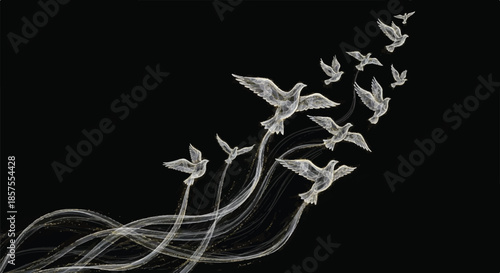 Ethereal Glowing White Spirit Birds Flying in Dark Motion Background