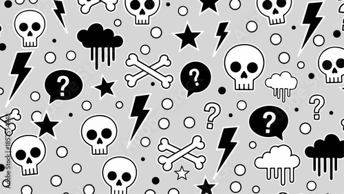 A monochrome seamless pattern featuring skulls, bones, stars, and mysterious symbols in a chaotic arrangement