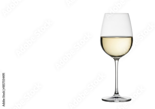 Sleek crystal wine glass, slender stem, half-filled with luminous pale golden white wine, isolated on a seamless transparent studio background, high-key, concept for luxury marketing