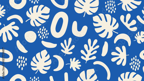 A serene blue background adorned with white floral patterns and abstract shapes viewed from directly above