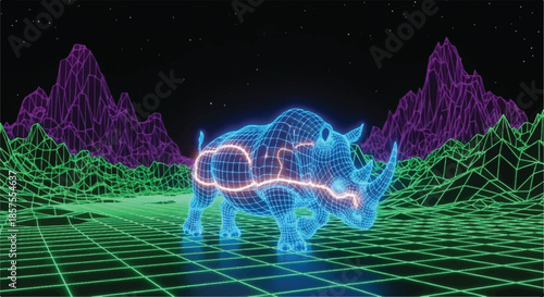 Retro Futuristic Neon Rhino in Digital Wireframe Grid Landscape Background