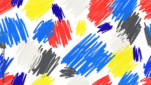 Vibrant brush strokes of red, blue, yellow, and grey on a white background create a dynamic abstract illustration