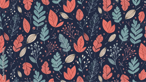 A colorful illustration of leaves and flowers scattered across a dark blue background in a lively pattern