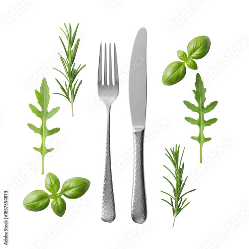 Elegant hammered silver fork and knife, fresh green rosemary, arugula, basil, black and red peppercorns on a transparent surface, top-down, culinary precision and gourmet delight