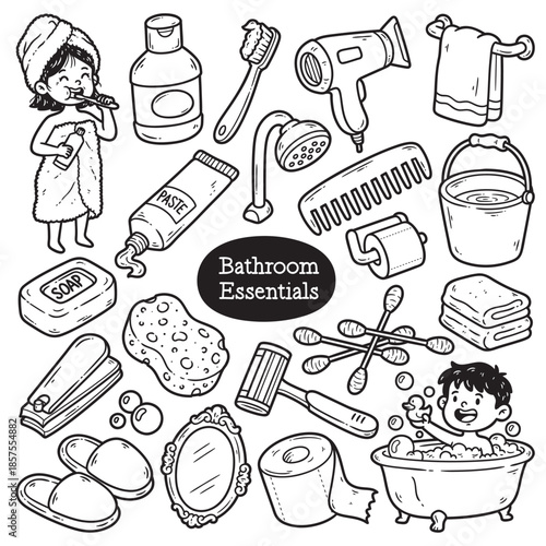 Cute Bathroom Essentials Doodle Illustration Art Collection Pack
