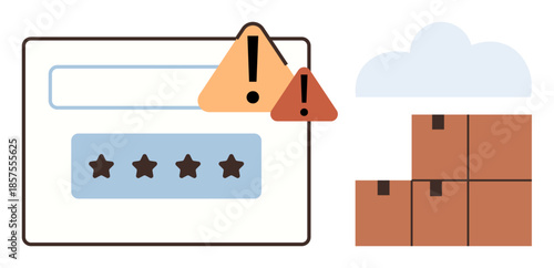 Warning alert above password input field, brown packages stacked near cloud. Ideal for cybersecurity, data protection, delivery, logistics, error handling, cloud storage, simple flat metaphor
