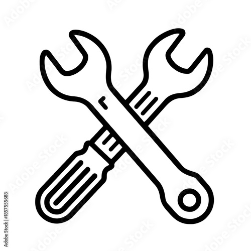 A simple drawing of a workshop symbol with two interlocking wrenches. Vector for laser or similar. AI generated.