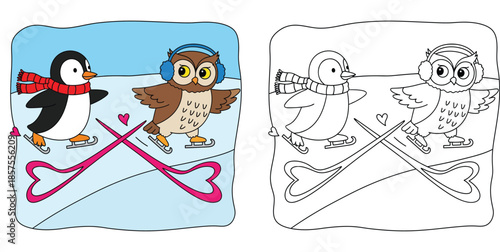 Cute penguin and owl ice skating carving a heart shape coloring page. Vector illustration of winter birds in love for kids activity book.