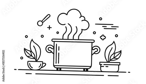 A line drawing of a steaming pot with plants on either side