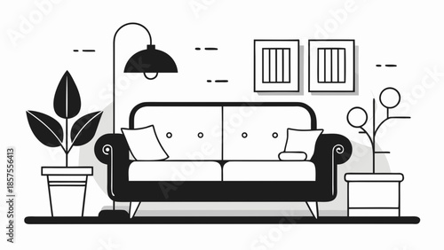 Black and white illustration of a living room with sofa and plants