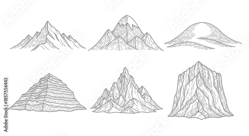 Set of hand drawn sketch mountain peaks and hills on white
