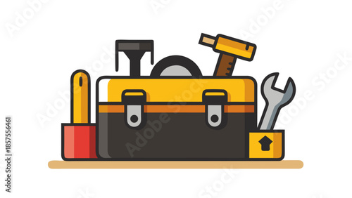 A toolbox with various tools on a for repair and construction work purposes