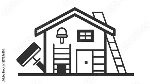 Black and white illustration of a house with a ladder and paint roller