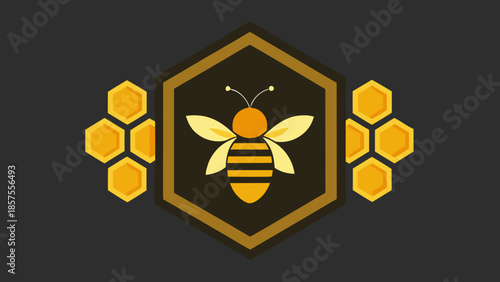 A stylized illustration of a bee with honeycombs on a with gold accents and hexagons