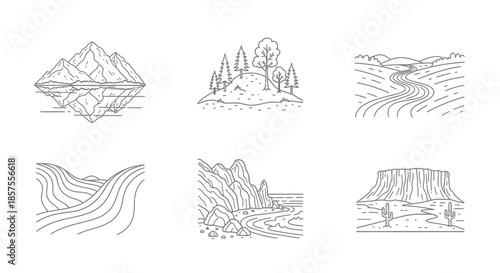 Minimalist line art collection featuring various landscape and nature scenes
