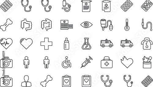Minimal medical and healthcare icon set featuring hospital equipment doctor patient ambulance medicine and emergency treatment symbols in clean outline vector style