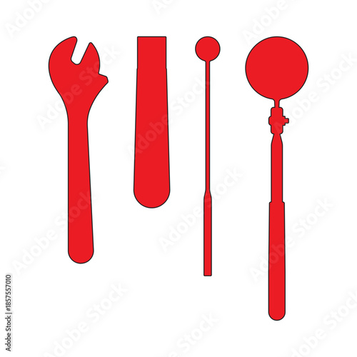 Set of red industrial hand tools silhouettes including wrench and inspection mirror