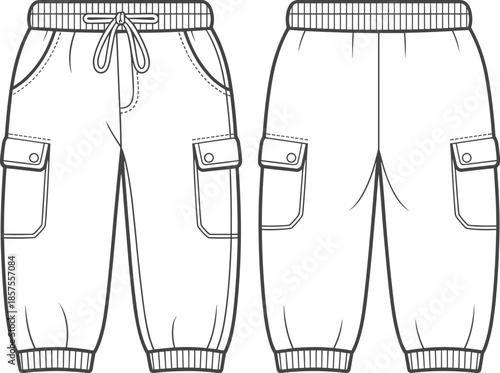 Men cargo jogger pants technical flat CAD drawing, front and back view apparel vector illustration for modern fashion design production template