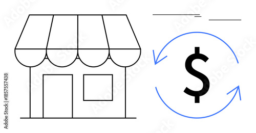 Simplified shop icon alongside a dollar surrounded by arrows. Ideal for commerce, retail, small business, trade, e-commerce, financial flow, profit. Clean simple flat metaphor