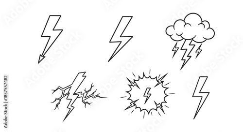 Set of black outlined lightning bolts and thundercloud designs