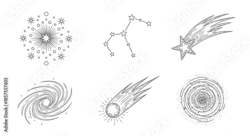 Cosmic celestial bodies and astronomical phenomena line art icons