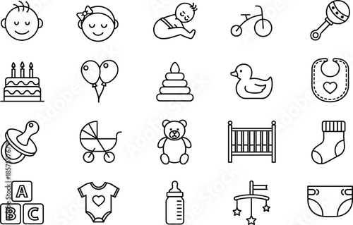 Comprehensive set of 20 black outline baby care icons featuring nursery essentials toys apparel and celebration elements for parenting and childcare graphic design