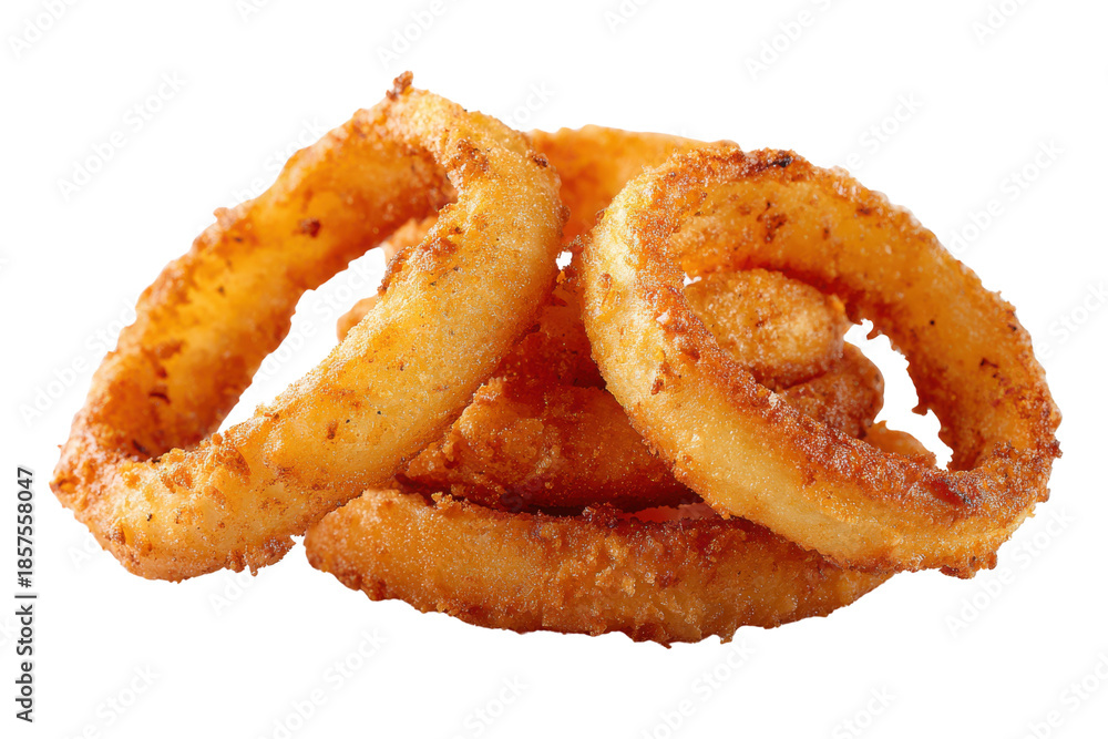 Fototapeta premium Pile of golden brown crispy fried onion rings on black background image, Isolated On White Background, Png Transparent