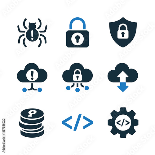 Set of cybersecurity icons for data protection and technology