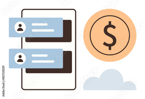 Smartphone screen with chat messages and user icons, orange dollar coin, and cloud icon. Ideal for communication, finance, technology, savings, investment app design and mobile banking. Simple flat
