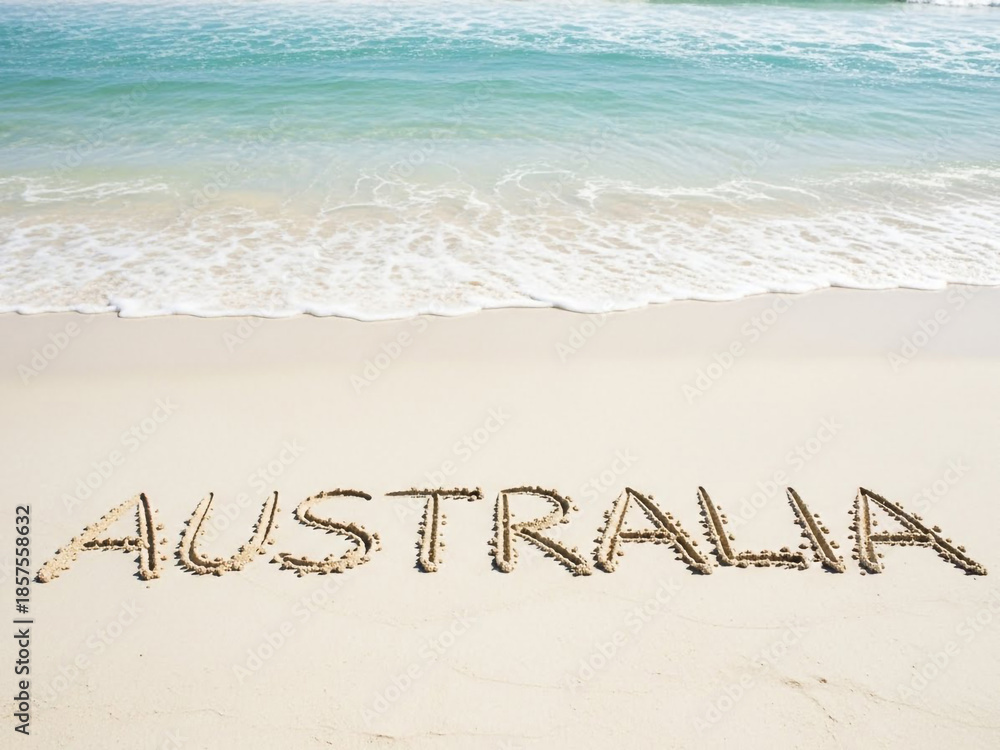 Fototapeta premium Beach scene with australia written in sand on shore