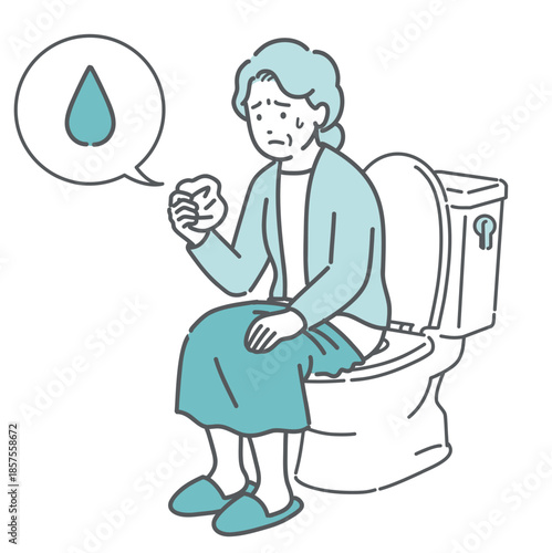 トイレで紙を見て尿漏れや出血を確認する高齢女性のイラスト（尿失禁・不正出血・雫アイコン）