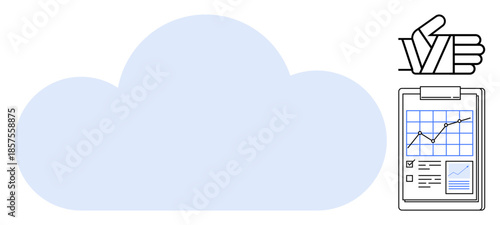 Cloud storage, data analytics, business planning, file sharing, performance tracking, workflow approval. Light blue cloud with a clipboard chart and a thumbs-up icon. Cloud storage and data analytics