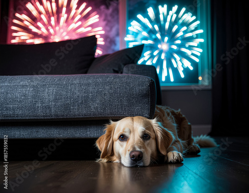 Emotional photography of a small frightened dog hiding under a sofa in a dark room during fireworks.