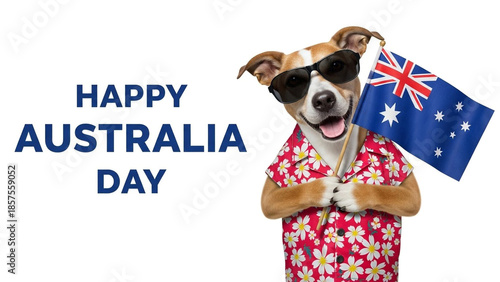 Dog in hawaiian shirt holding australian flag on australia day