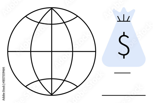 Globe outline paired with a money bag symbolizing global finance, trade, and connectivity. Ideal for concepts thumbs up e-commerce, investment, economy, international trade, business growth