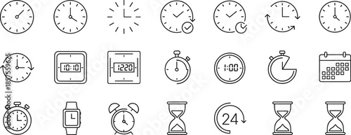 Minimal time and clock line icons set for scheduling, deadlines, alarms, countdowns, calendars, and time management interface design