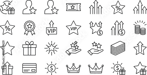 Minimal rewards, loyalty, and VIP benefits line icons set for customer appreciation, promotions, bonuses, and business incentive programs