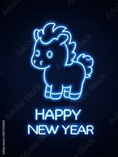 Neon Blue Cartoon Horse with “HAPPY NEW YEAR” Text on Dark Background in Festive Digital Greeting Composition