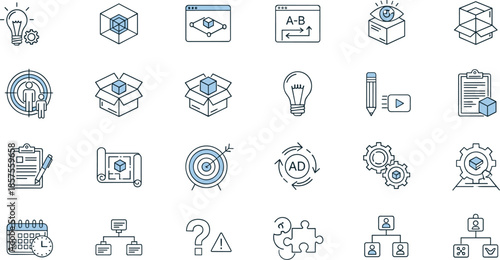 Minimal product development and workflow line icons set for innovation, UX UI design, project management, prototyping, and business processes