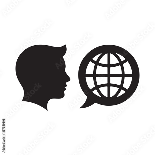 A silhouette of a head speaking into a speech bubble containing a globe