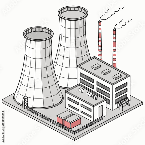 a detailed illustration of an industrial complex featuring cooling towers factory buildings and security fencing in a schematic style